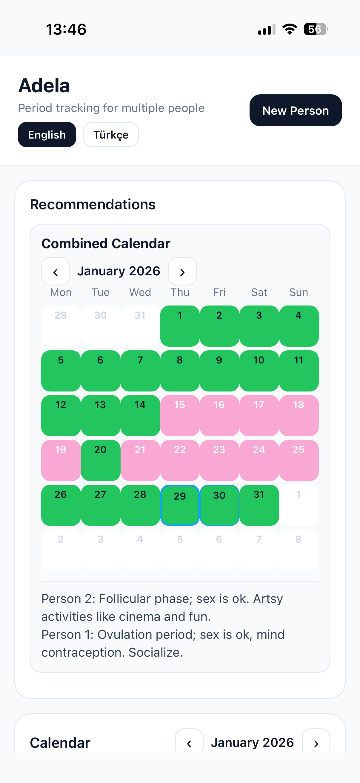 Adela shared calendar screen