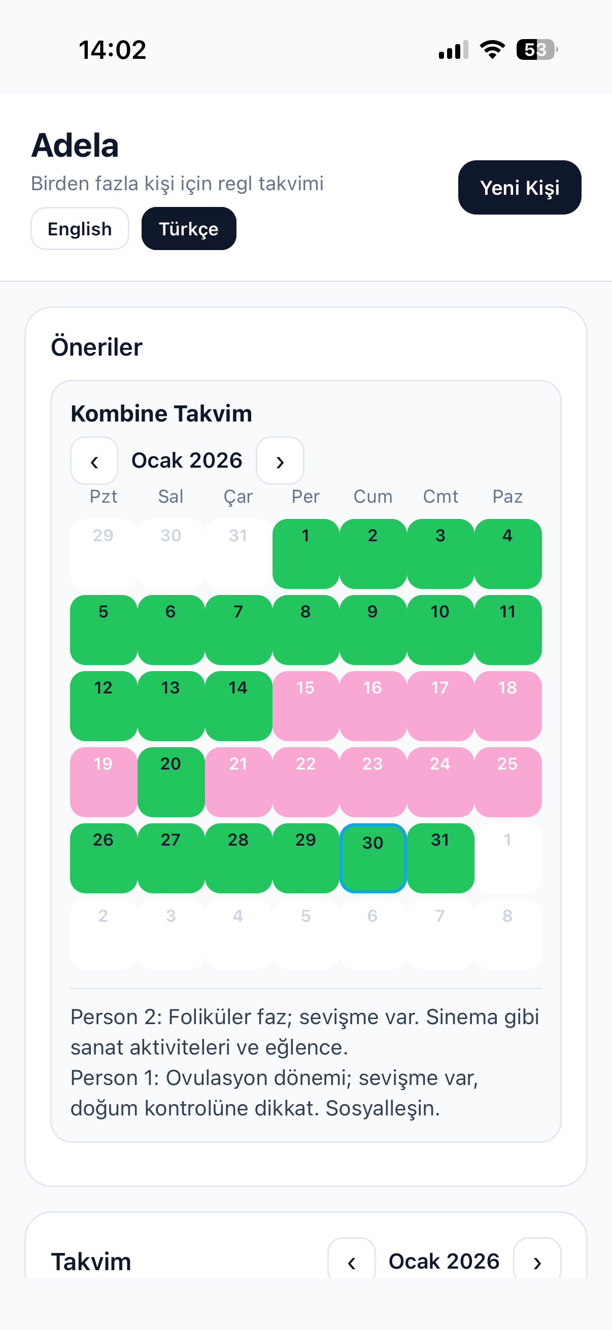 Adela ortak takvim ekranı
